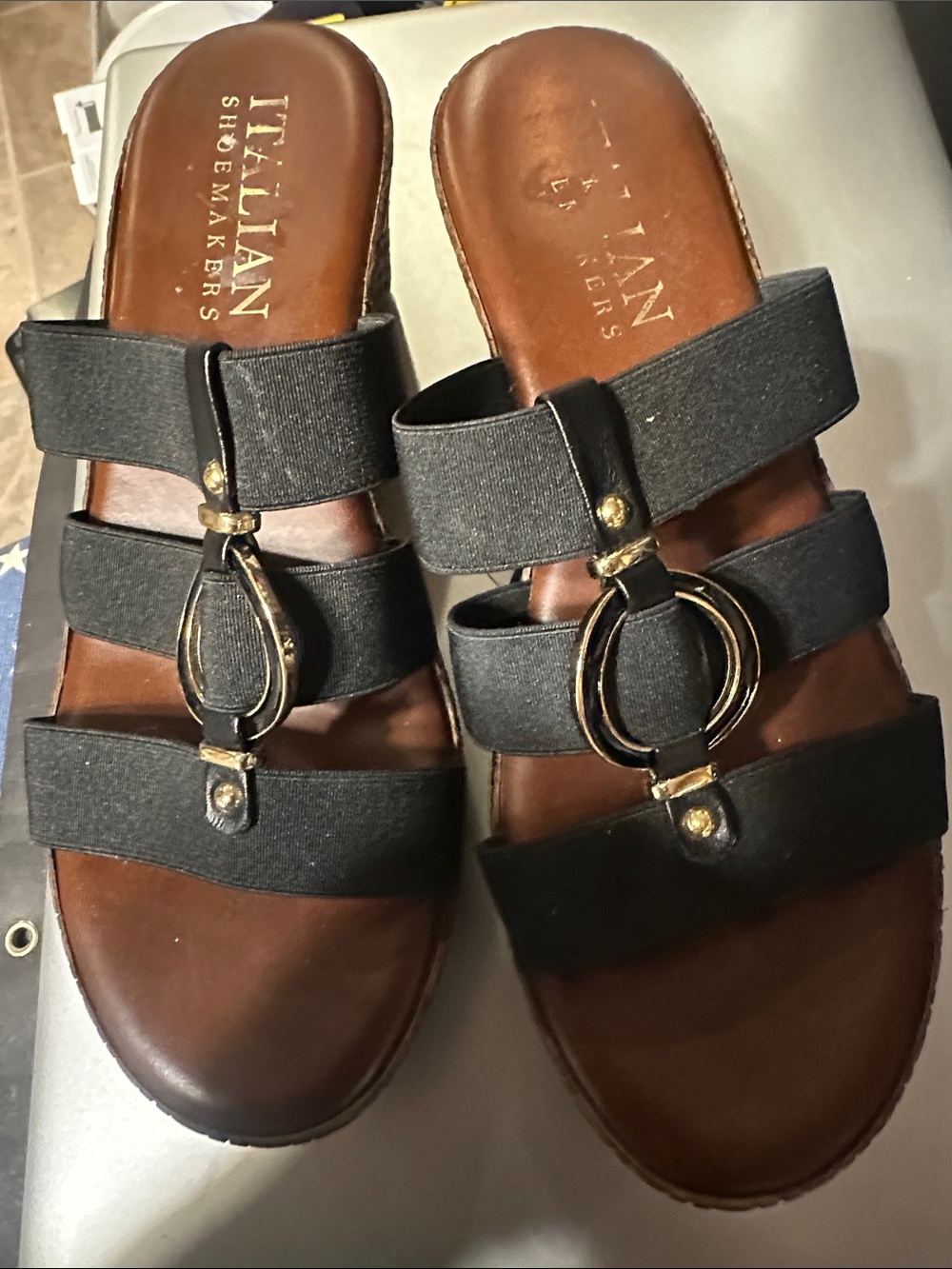 Italian Shoemakers Black Multi-Strap Slide Sandals with Gold Rings